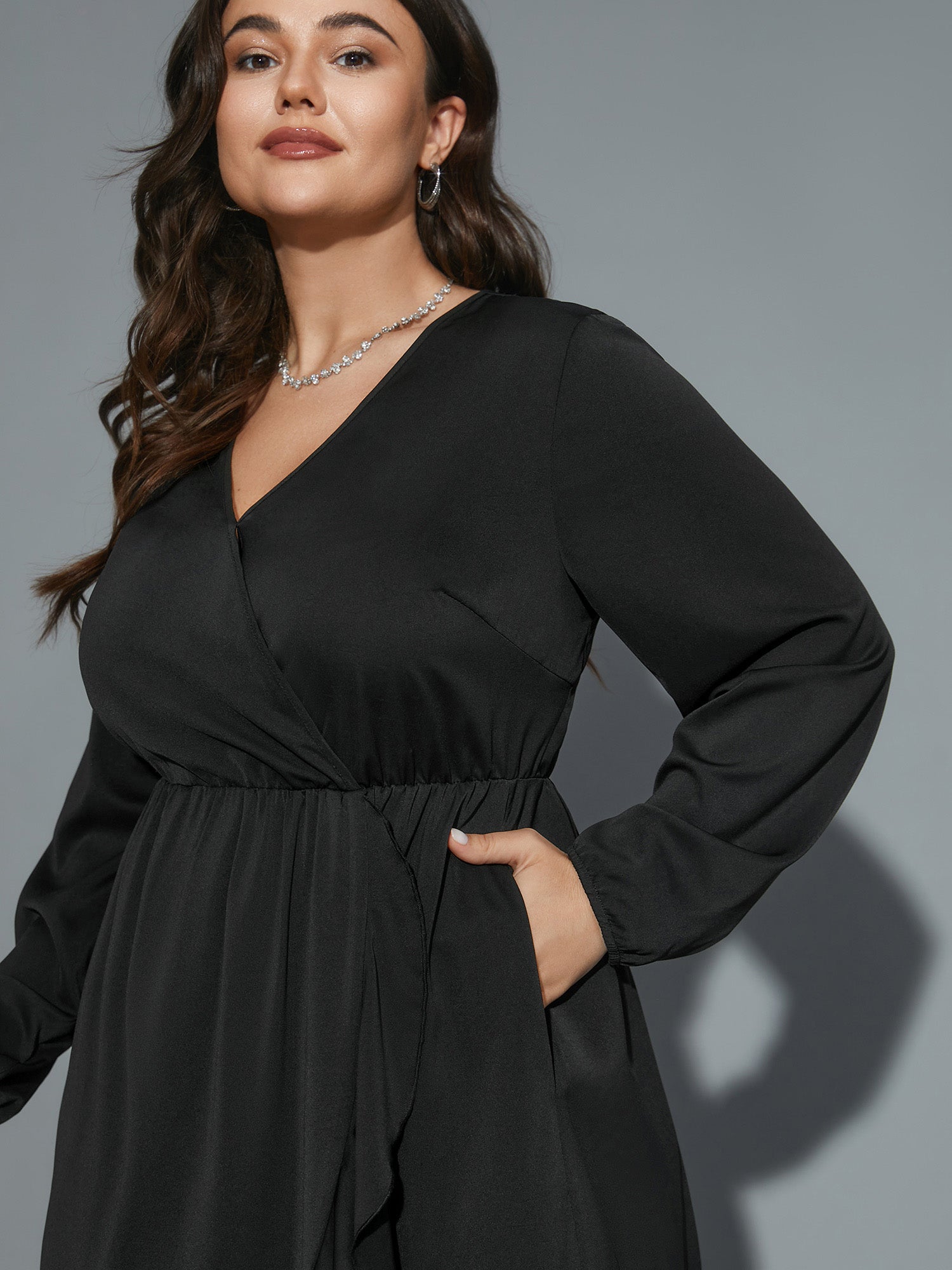 Plain Overlap Collar Ruffle Trim Dress