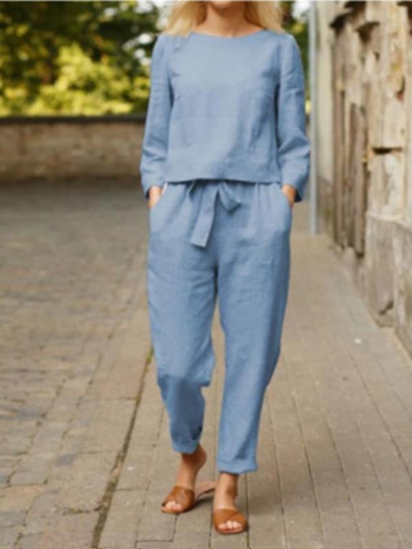 Women's Casual Basic Long Sleeve Trousers Cotton Linen Suit