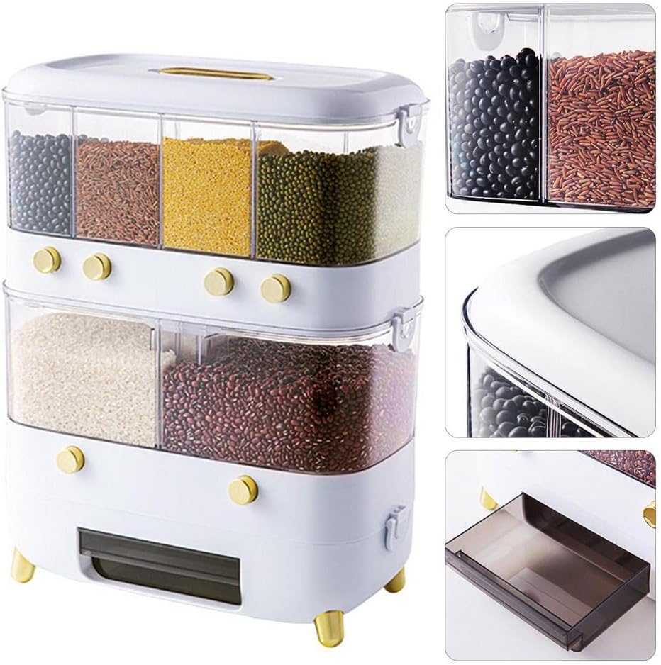 Rice Grain Storage Container. Multi-Division Grid Widely Used Rice Storage Box Dispenser (6 Grids White)