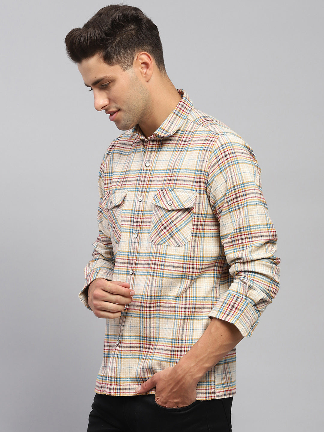 Men Beige Check Collar Full Sleeve Shirt