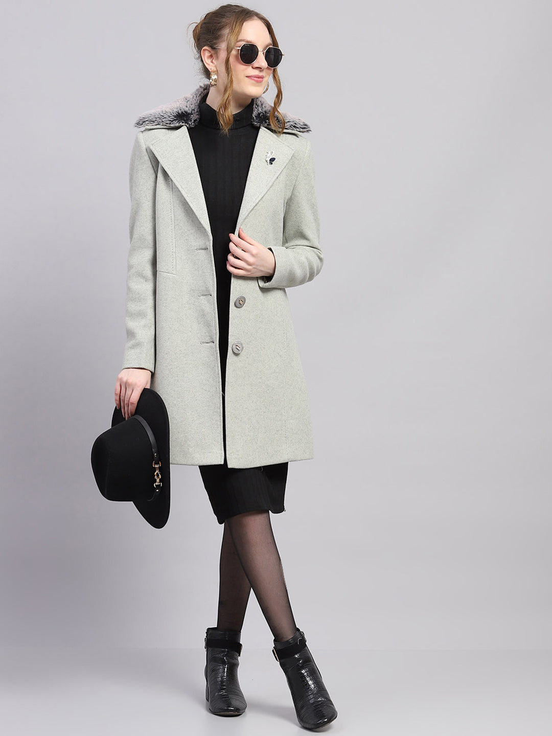 Women Grey Solid Notch lapel Collar Full Sleeve Coat