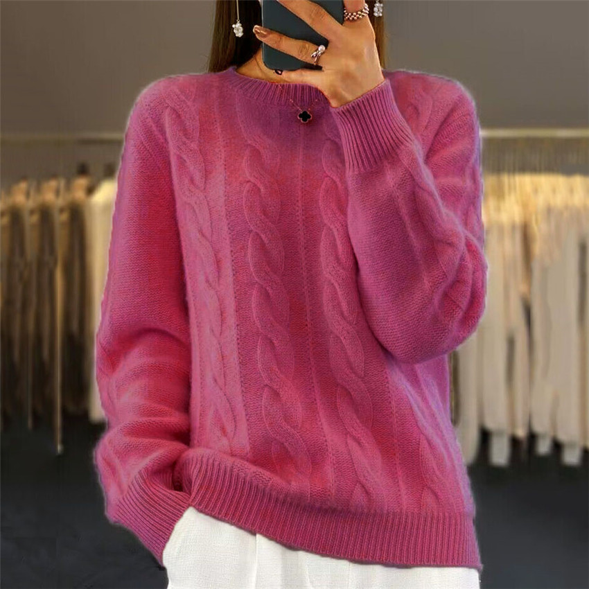 Retro Twist Crew Neck Solid Color Sweater