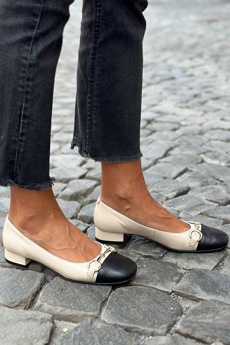 Colorblock Buckle Decor Square Toe Beige Low Heels