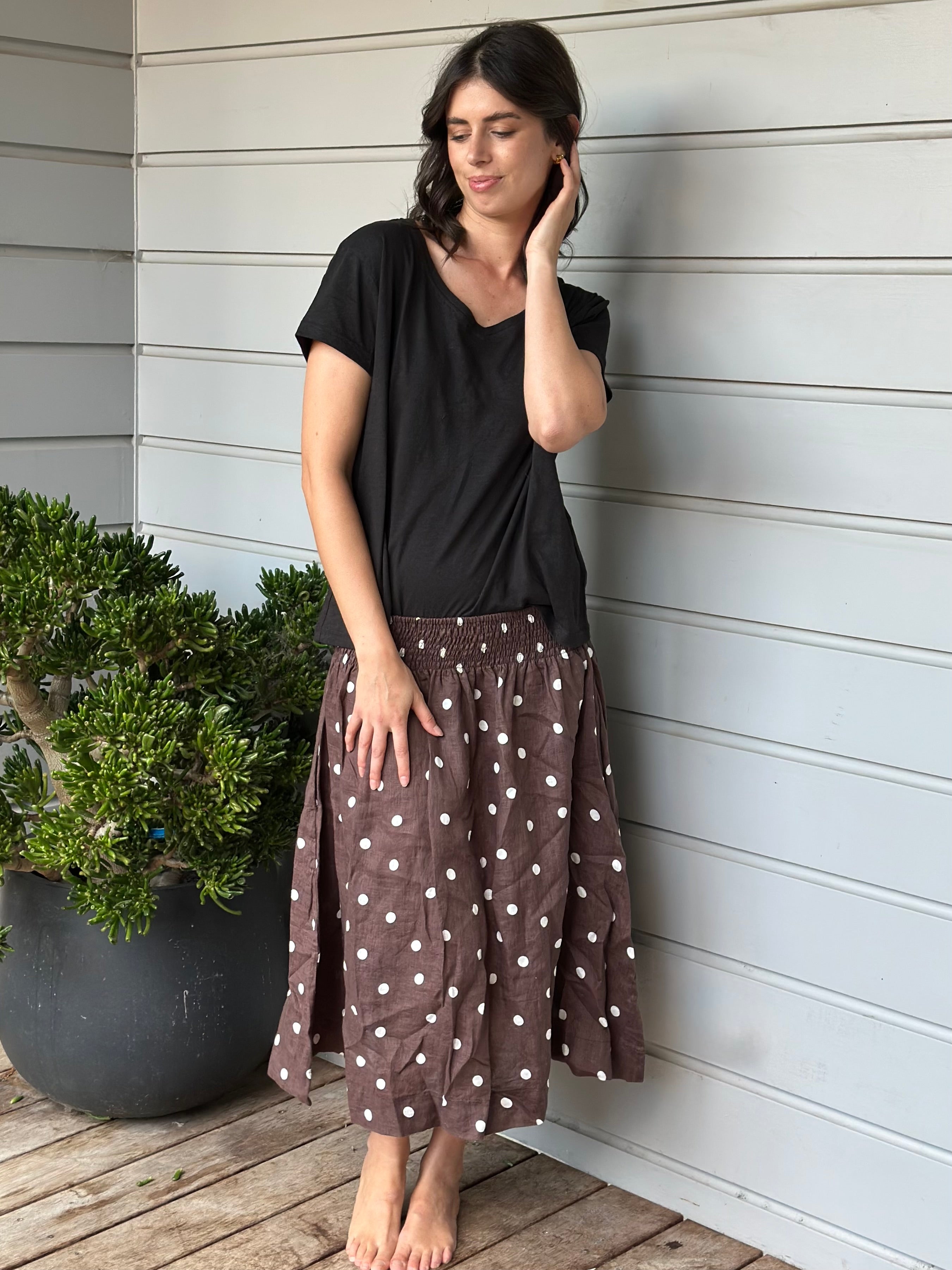 lola skirt - chocolate spot linen