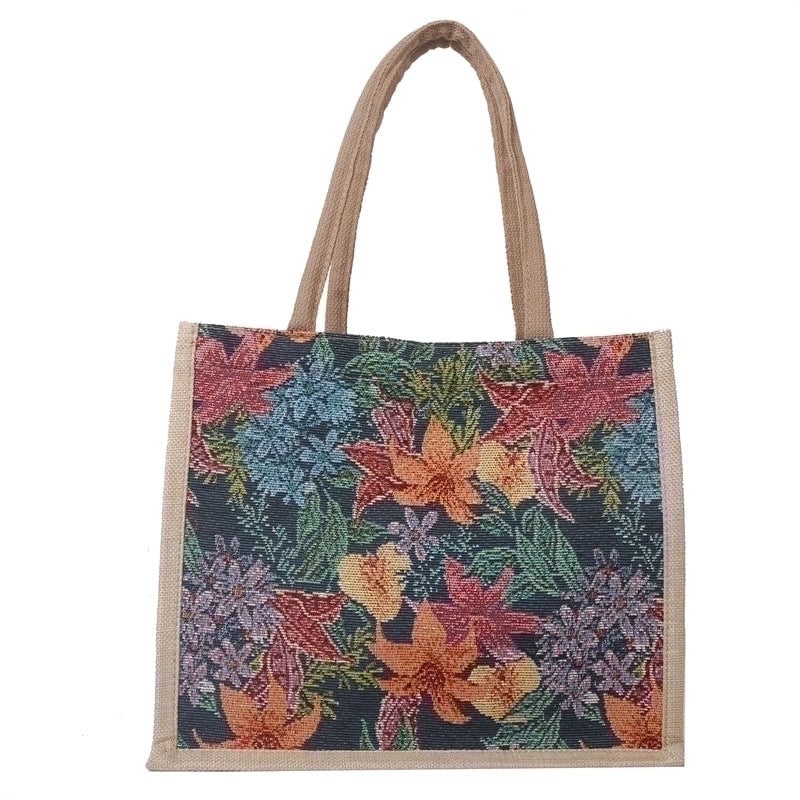 Women's Medium All Seasons Canvas Flower Streetwear Square Magnetic Buckle Tote Bag