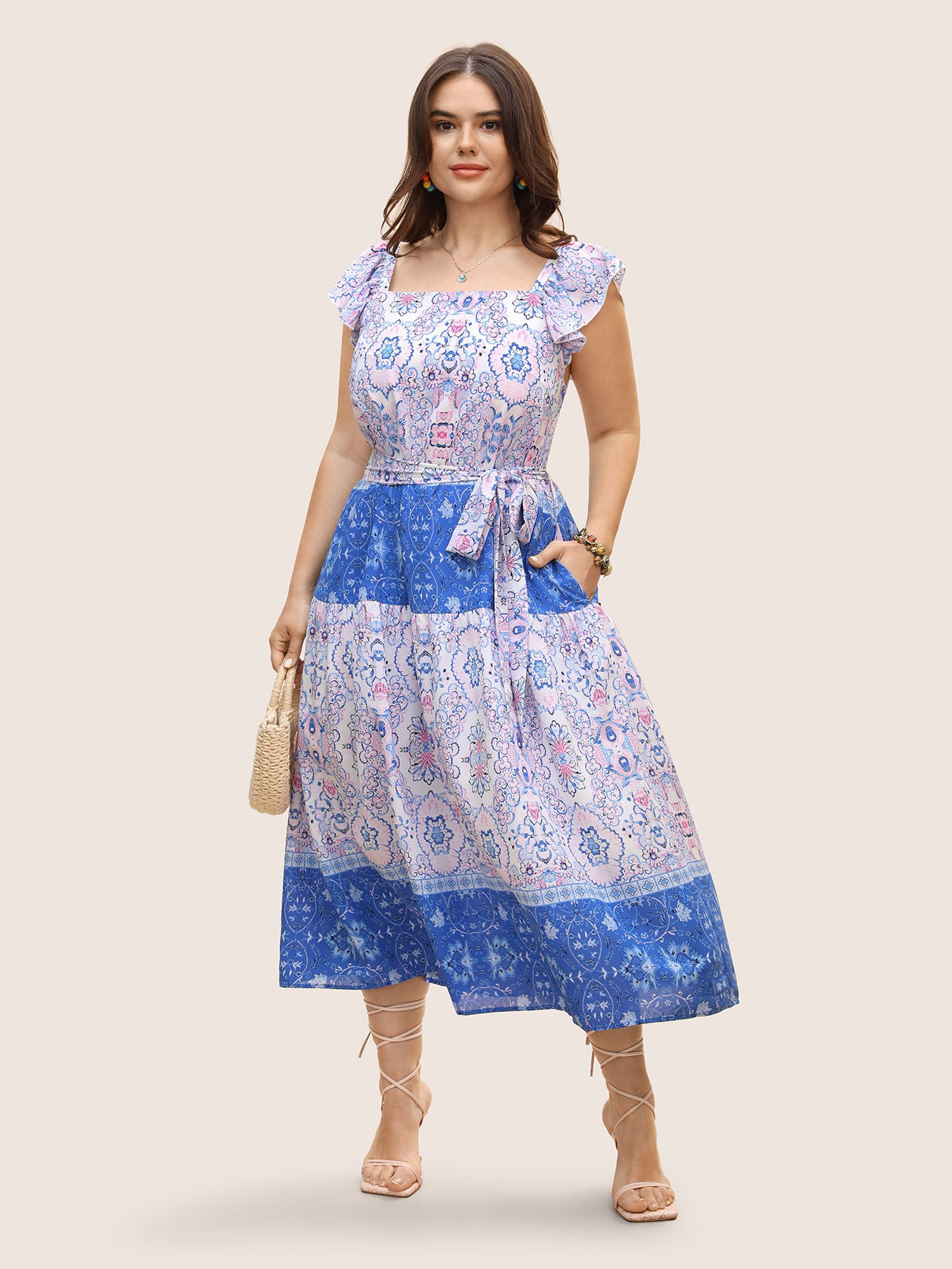 Boho Print Ruffle Sleeve Belted Midi Dress