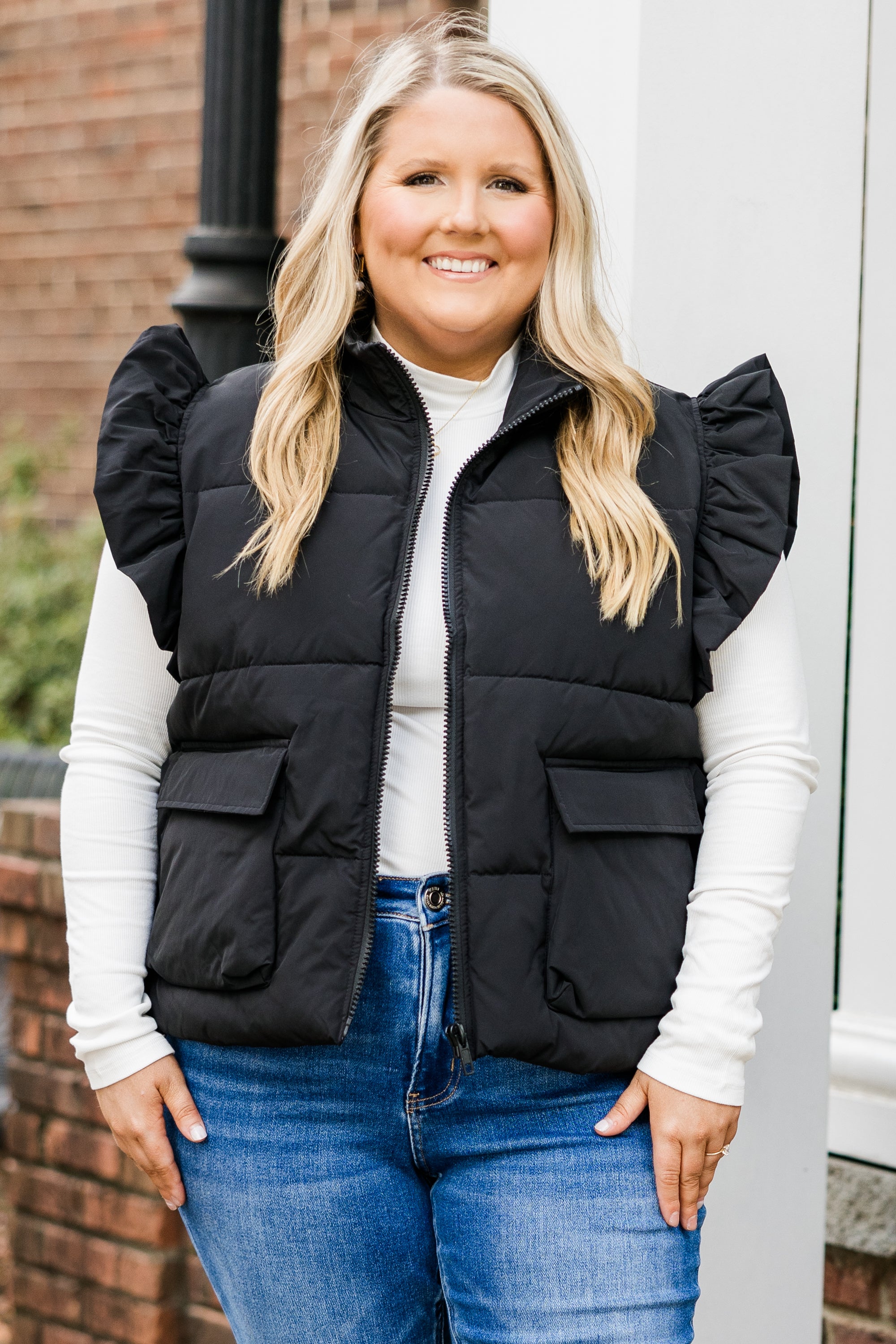 Cozy Ruffle Puff Vest. Black