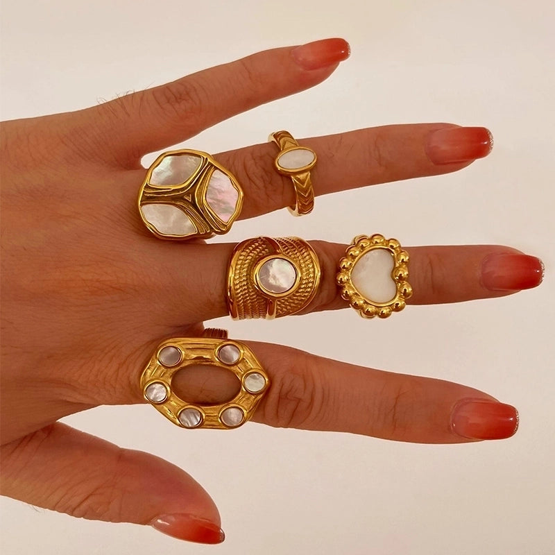 Retro French Style Geometric Heart Shape 316L Stainless Steel  Shell 18K Gold Plated Irregular Rings