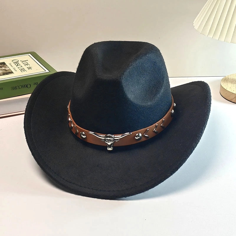 Autumn And Winter Woolen Denim Jazz Felt Hat For Men And Women Cow Head Mark Curled Top Hat Tibetan Sunshade Sunscreen Hat
