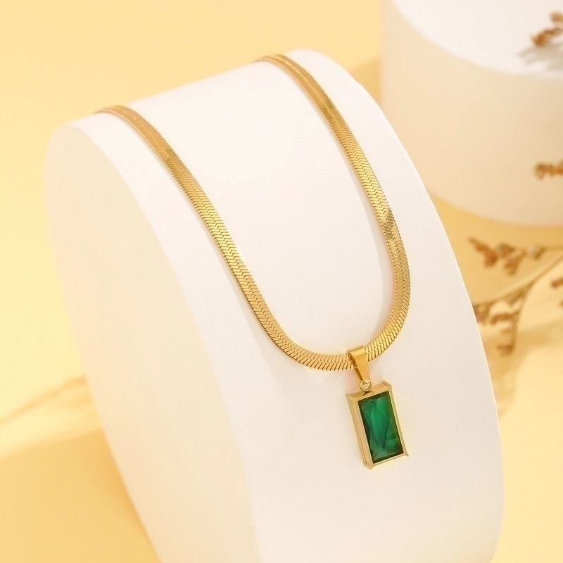 Titanium Steel 18K Gold Plated Minimalist Plating Inlay Water Droplets Heart Shape Rectangle Zircon Pendant Necklace