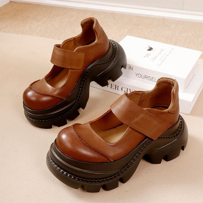 Vintage Style Cowhide 52mm Chunky Heel Platform Mary Jane Shoes in Black/Light Brown