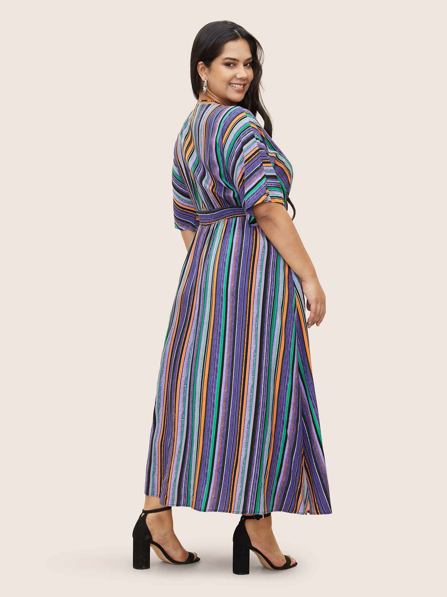 Striped Contrast Dolman Sleeve Shirred Pocket Split Flutter Dress