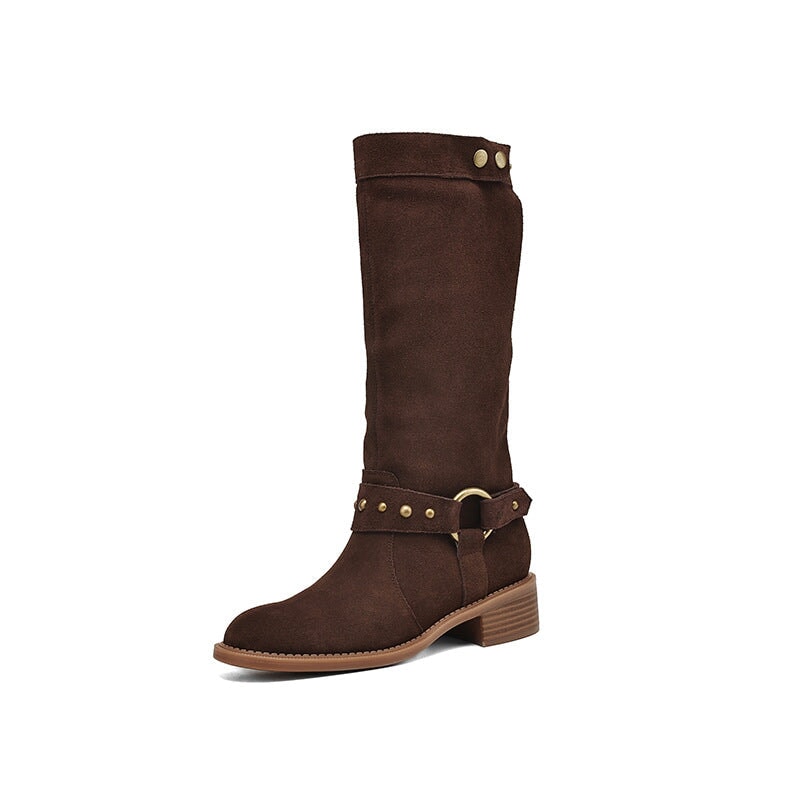 Belted Suede?Leather Riding Boots Low Block Heel Mid Calf Boots in Black/Brown/Green