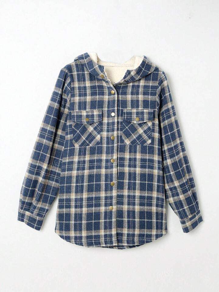 Plaid Print Teddy Lined Hooded Coat