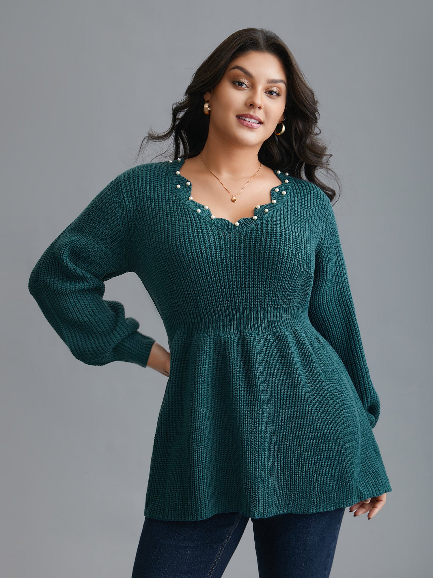Wavy Neckline Pearl Waist-Defining Pullover