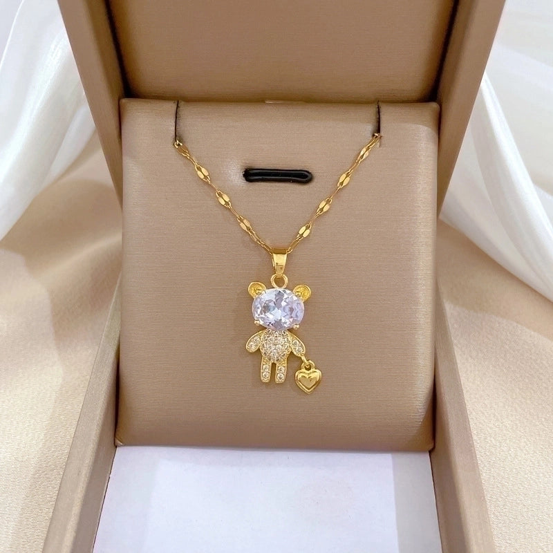 Minimalist Bear Titanium Steel Copper Plating Inlay Zircon Pendant Necklace