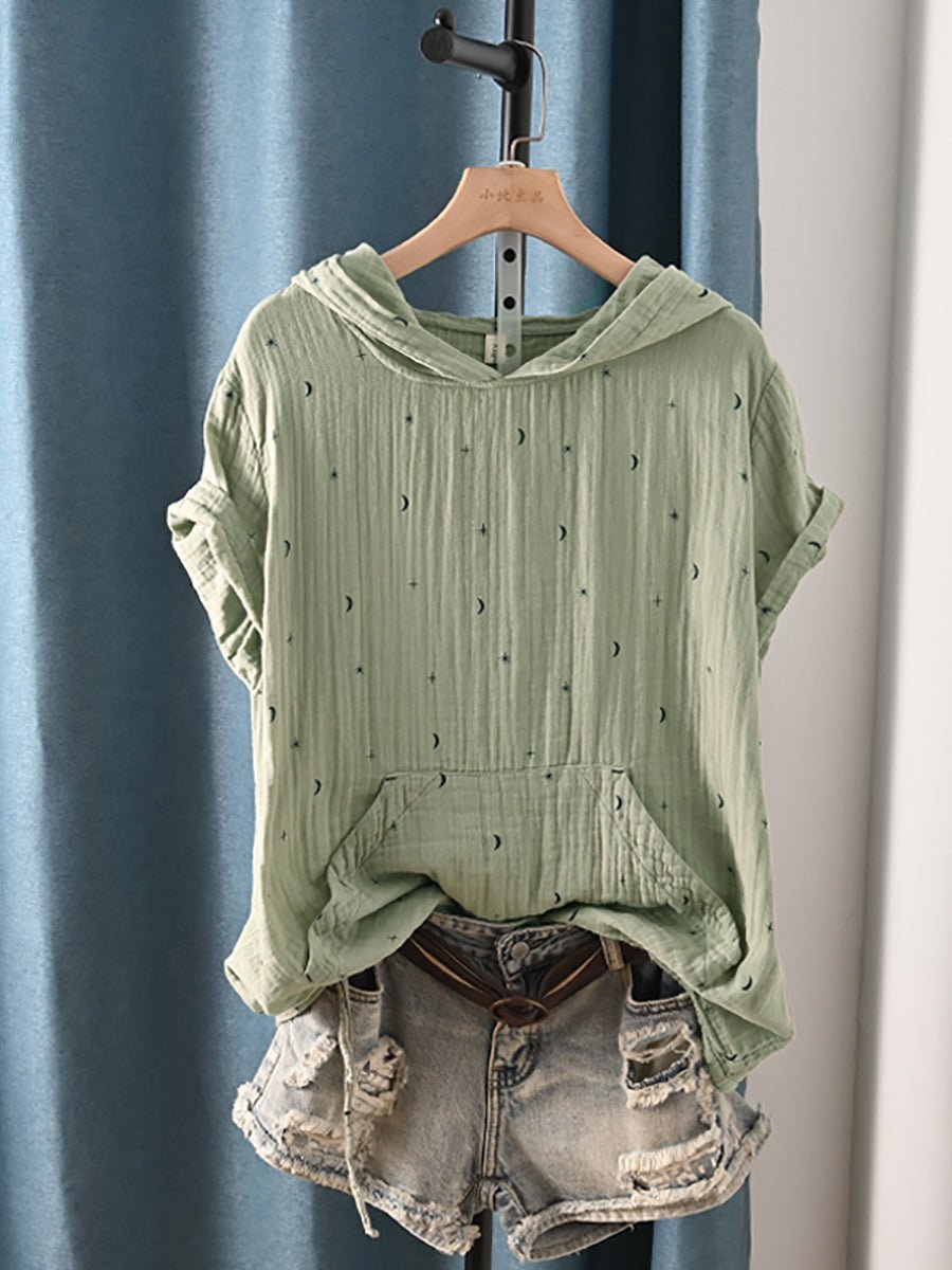 Plus Size Women Summer Casual Print Hooded 100%Cotton Shirt
