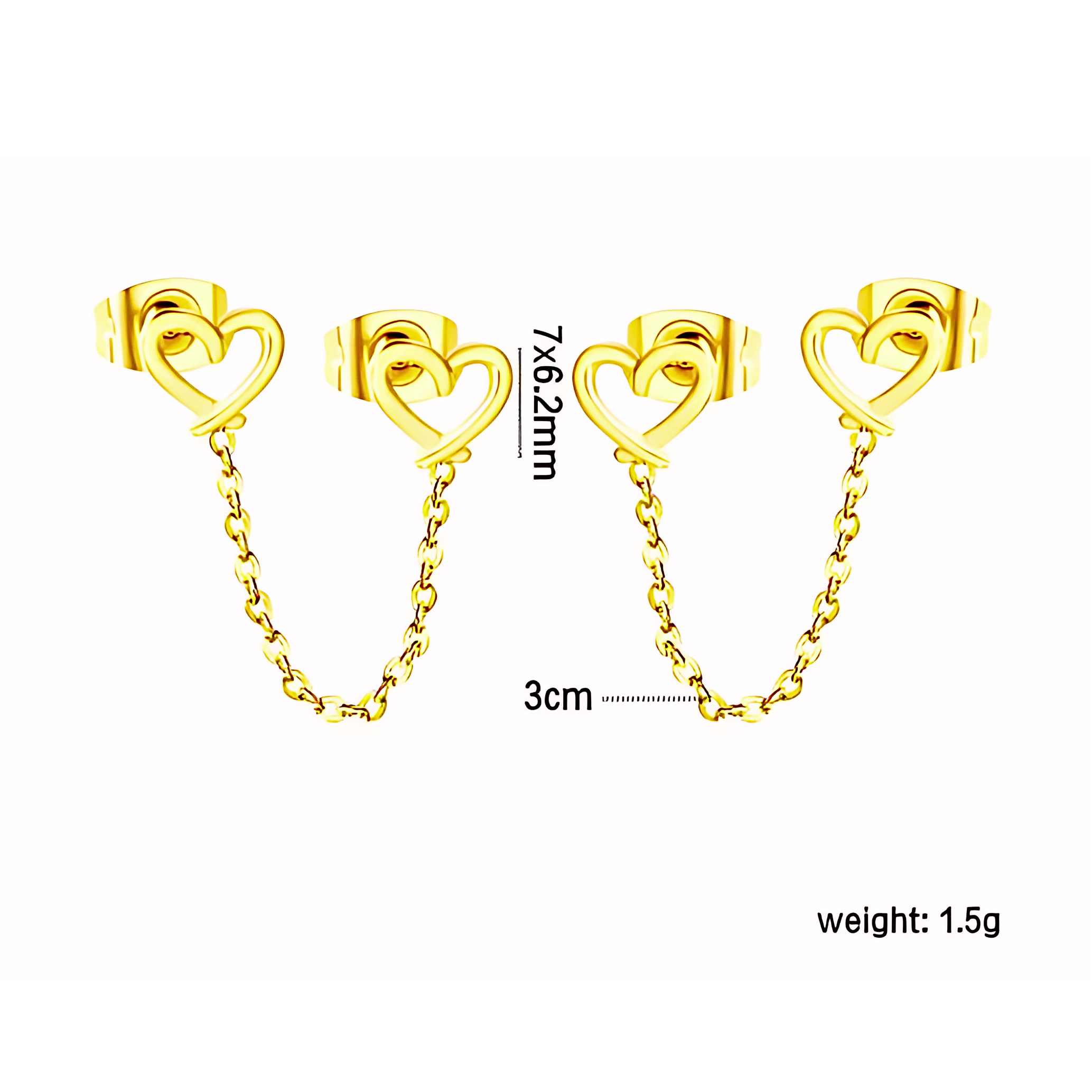 Hollow chained heart studs - Gold