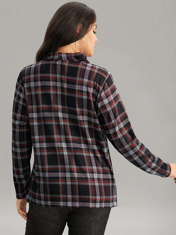 Plaid Funnel Neck Button Detail T-shirt