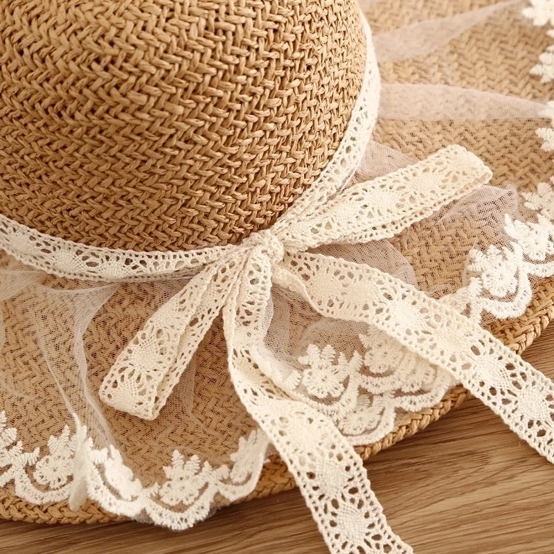 Simple Straw Hat Lace Bows Hat Female Sunshade French Ladies Top Hat
