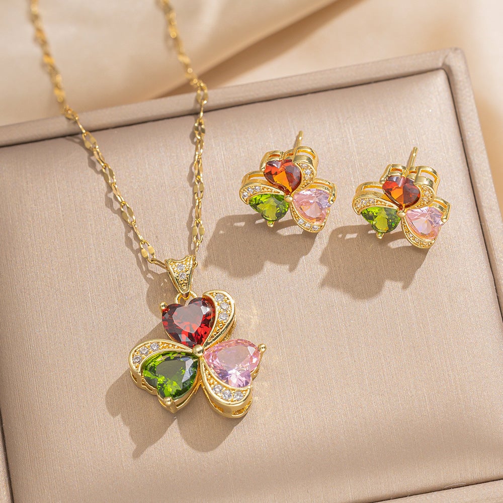 Fashionable Full Zirconium Exquisite Element Style Copper Micro-Inlaid Earrings And Necklace Set Combination