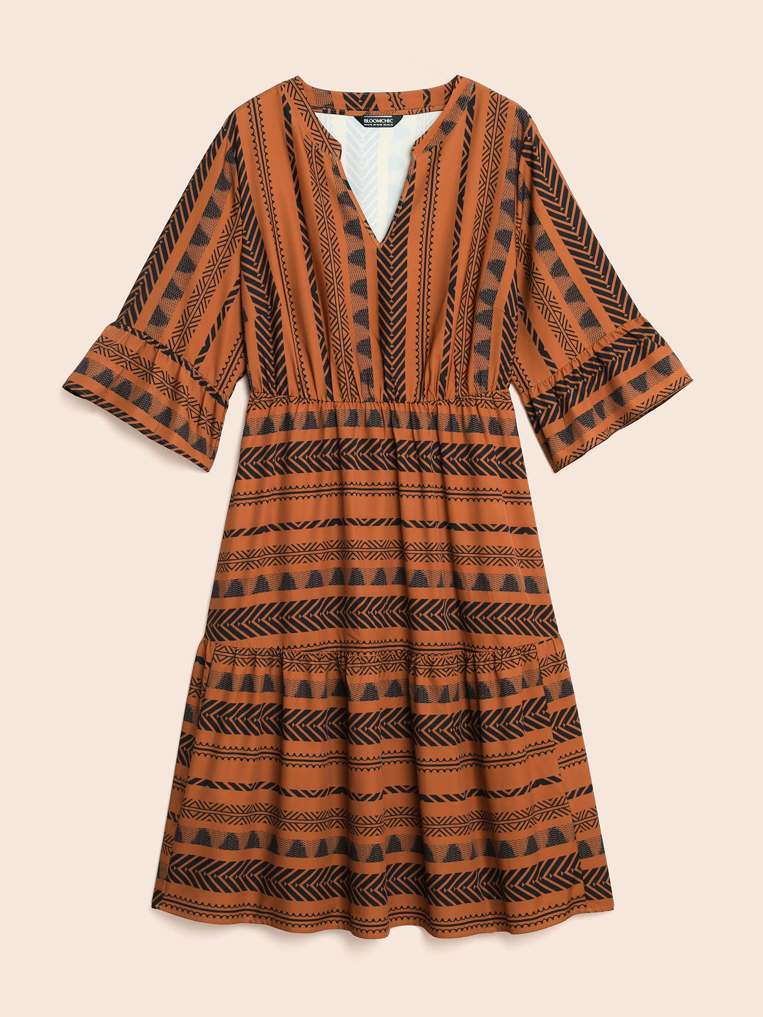 Notched Bandana Geometric Ruffle Sleeve Dress