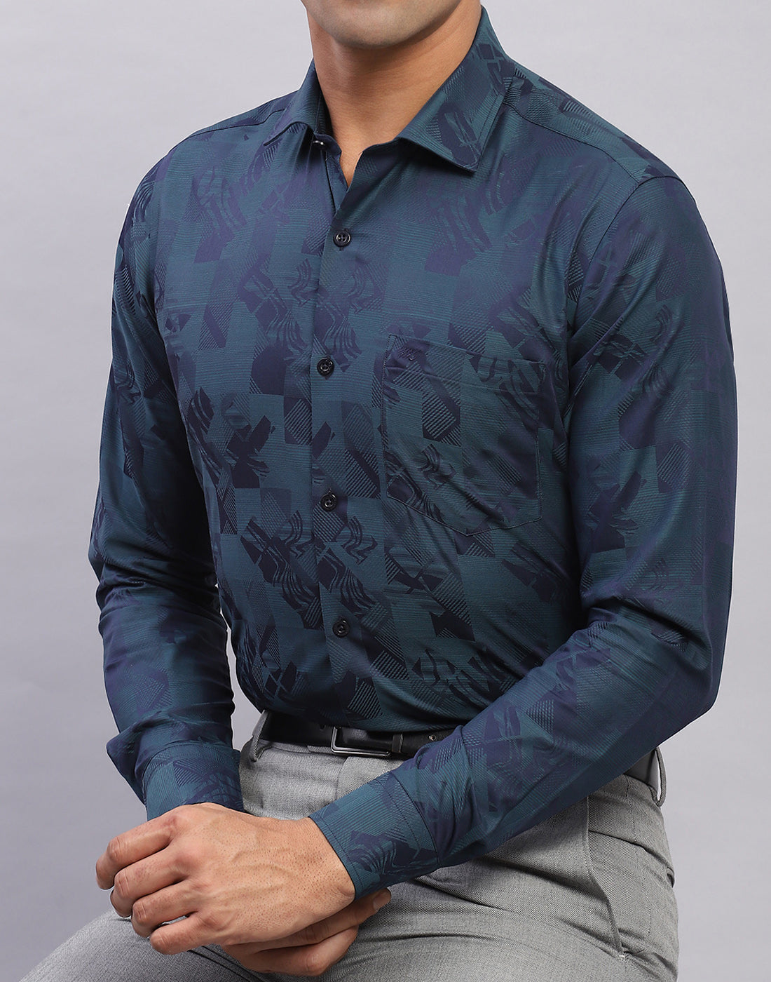 Men Navy Blue Self Design Collar Full Sleeve Shirt