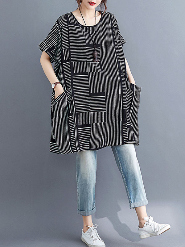 Loose Short Sleeves Striped Round-Neck T-Shirts