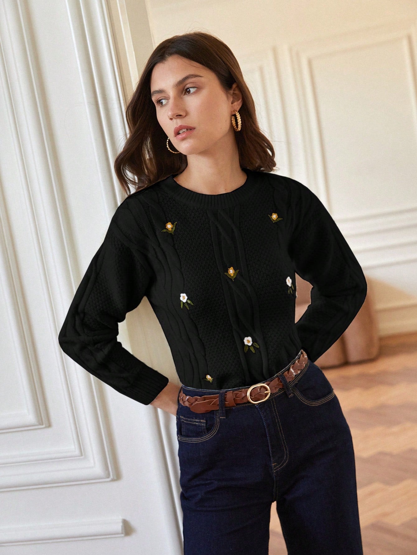 Frenchy Floral Embroidery Cable Knit Drop Shoulder Sweater