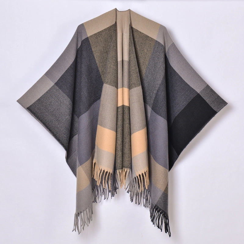 New Tassel Split Shawl Autumn And Winter Women's Simple Plaid Jacquard Scarf Cloak Hot Selling