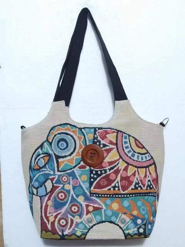 Women's Large Canvas Elephant Ethnic Style Square Zipper Shoulder Bag