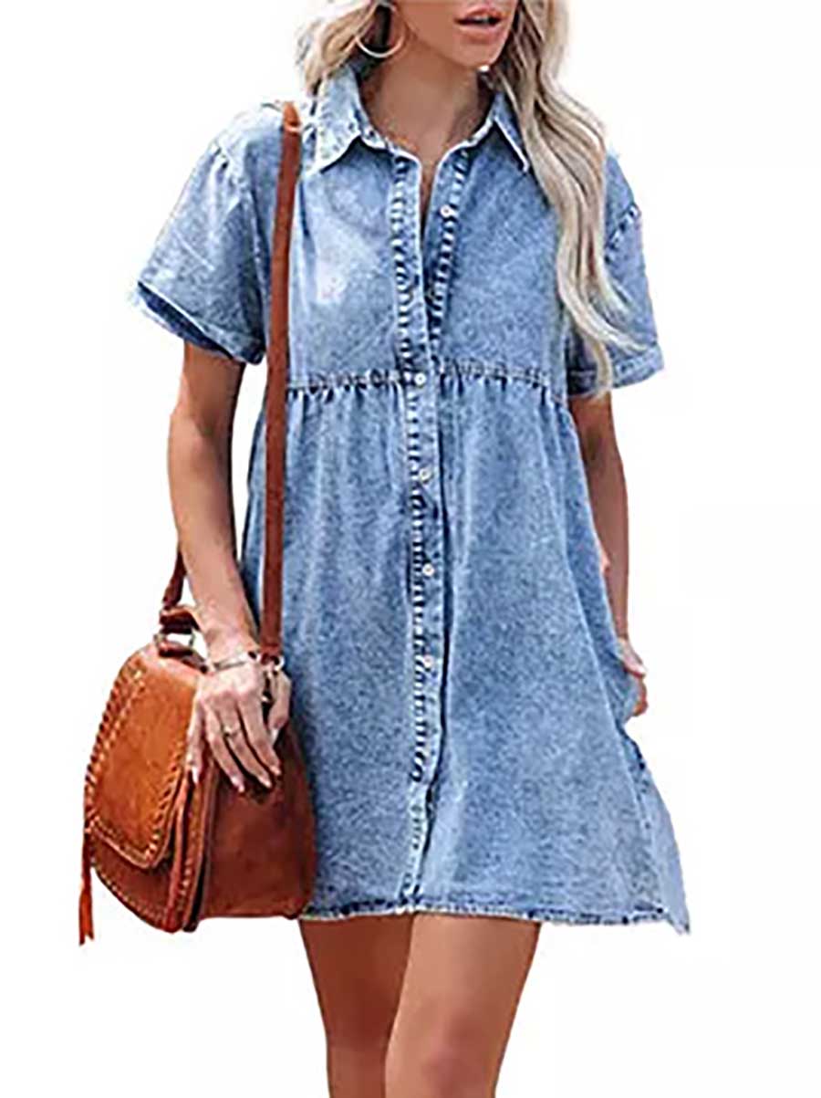 Washed Denim Lapel Loose Sweetheart Ruffle Dress