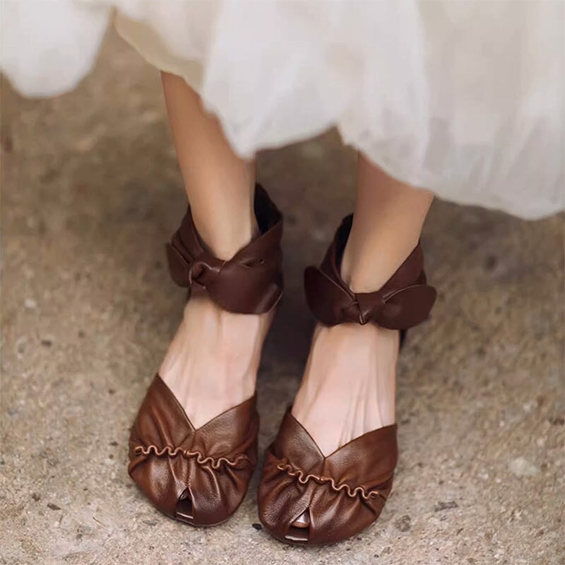 Vintage Leather Mori Girl Style Soft Sole Roman Sandals Boots with Back Zipper in Brown/Black