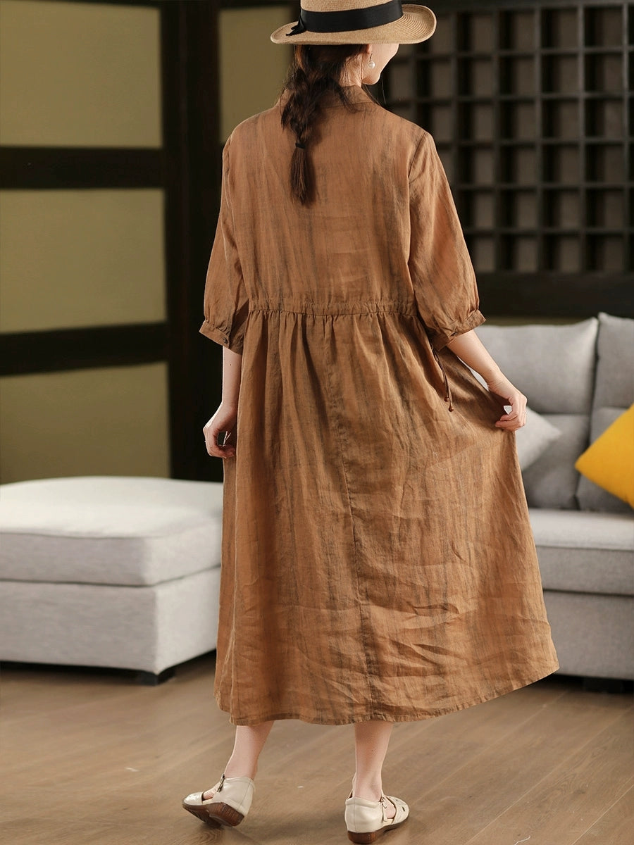 Women Summer Vintage Turn-down Collar 100%Ramie Dress