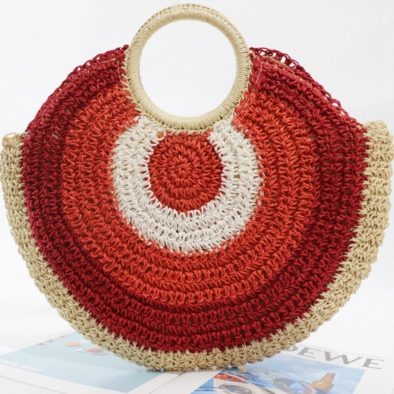 Women's Medium Straw Geometric Vintage Style Weave Round Zipper Straw Bag