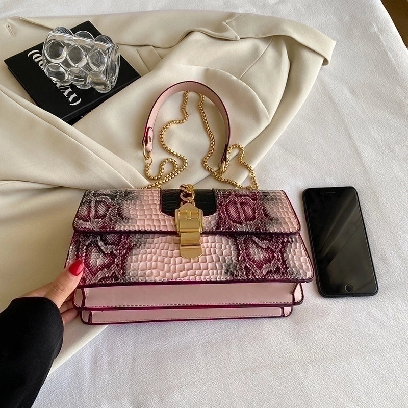 Women's Small Summer Pu Leather Color Block Classic Style Square Lock Clasp Shoulder Bag