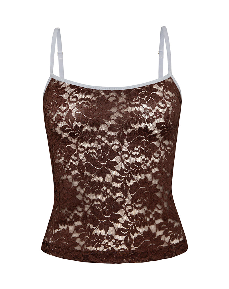 Redum Cami Top in Chocolate Lace with Blue Binding