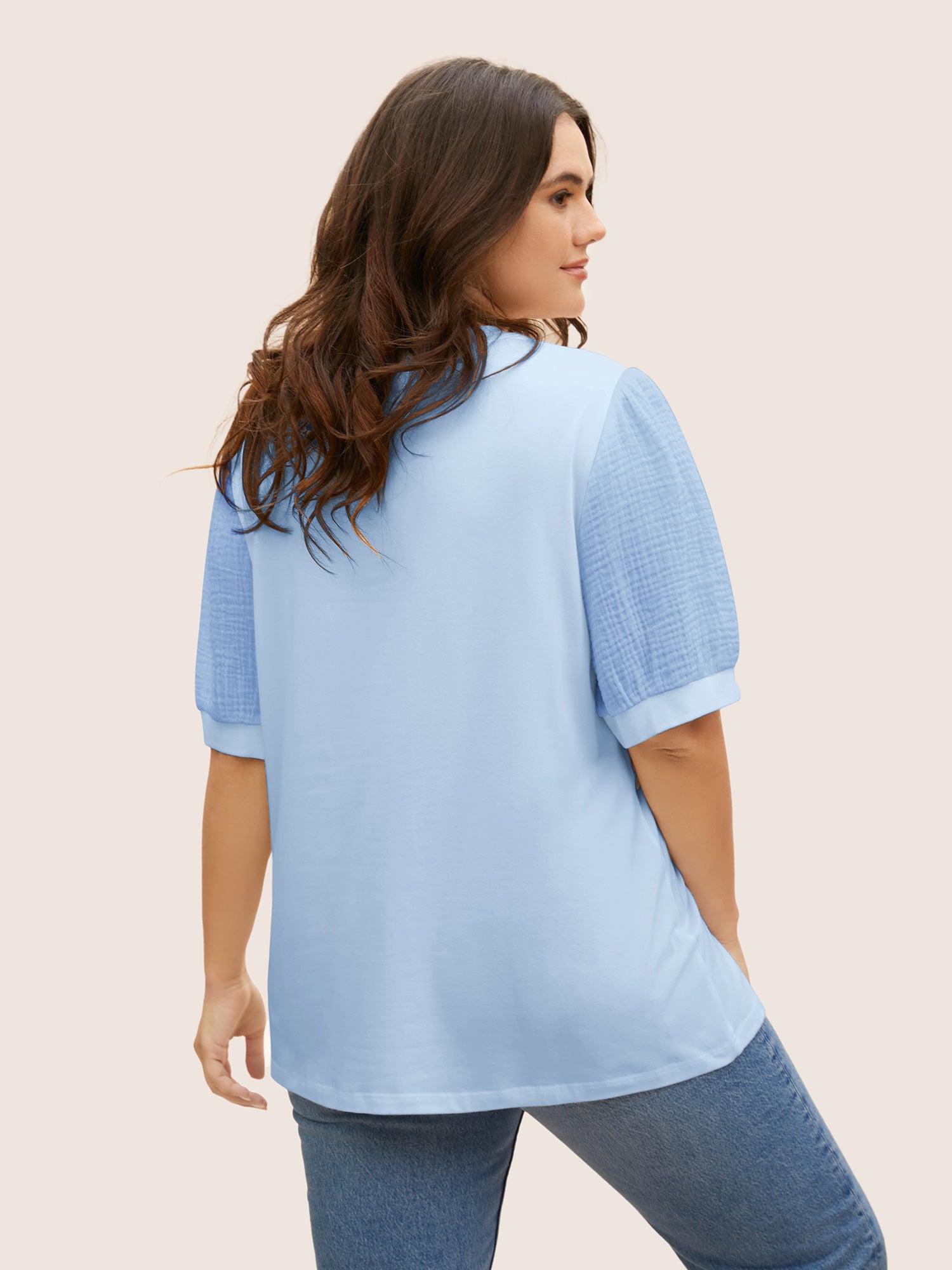 Plain Textured Patchwork Lantern Sleeve T-shirt