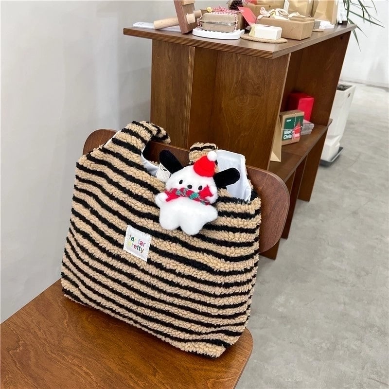 Women's Fleece Stripe Classic Style Square Magnetic Buckle Shoulder Bag