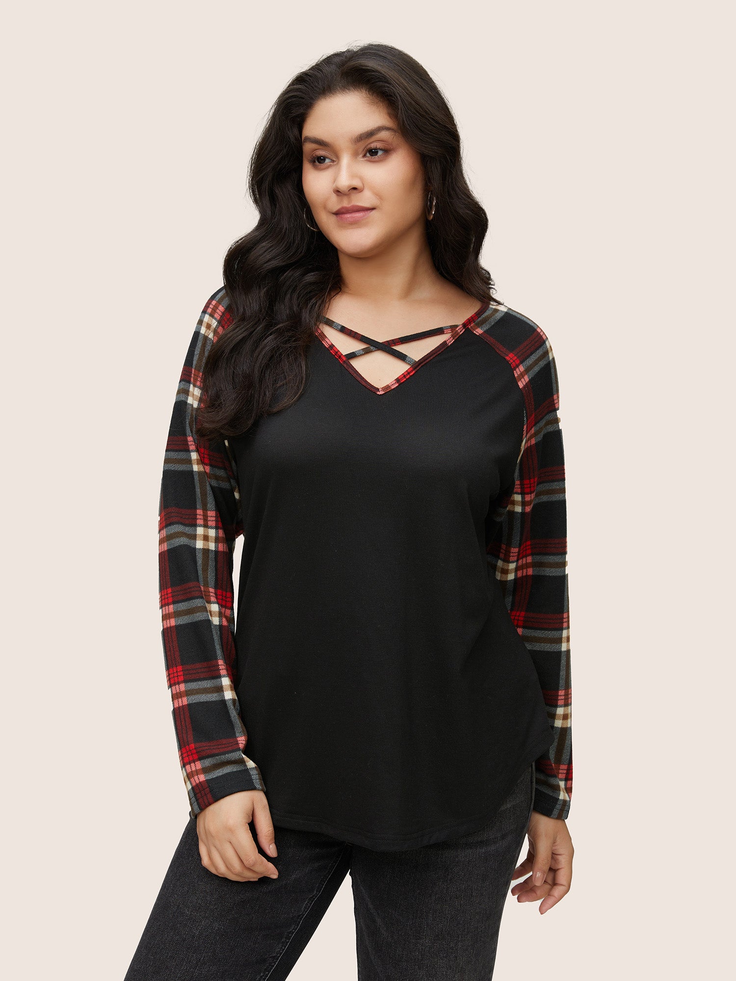 Plaid Patchwork Raglan Sleeve Crisscross T-shirt