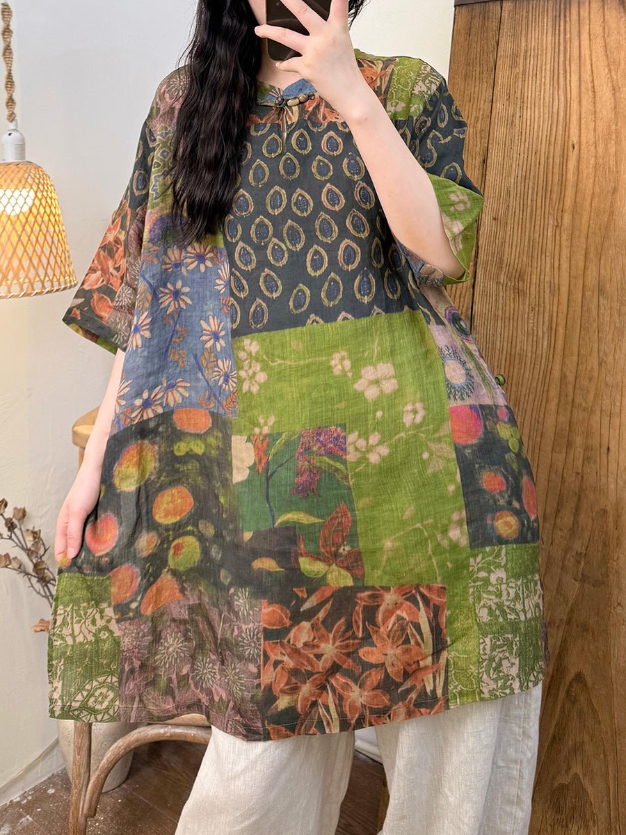 Women Summer Retro Flower Ramie Stand Collar Long Shirt