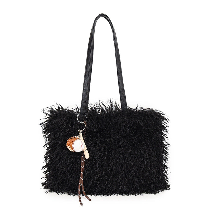 Women's Plush Solid Color Streetwear Sewing Thread Square Magnetic Buckle Shoulder Bag