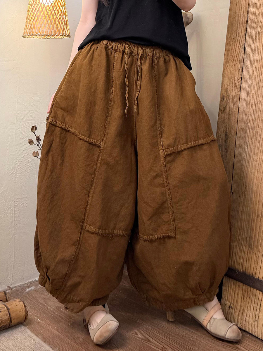 Women Summer Retro Pure Color Linen Spliced Bloomers