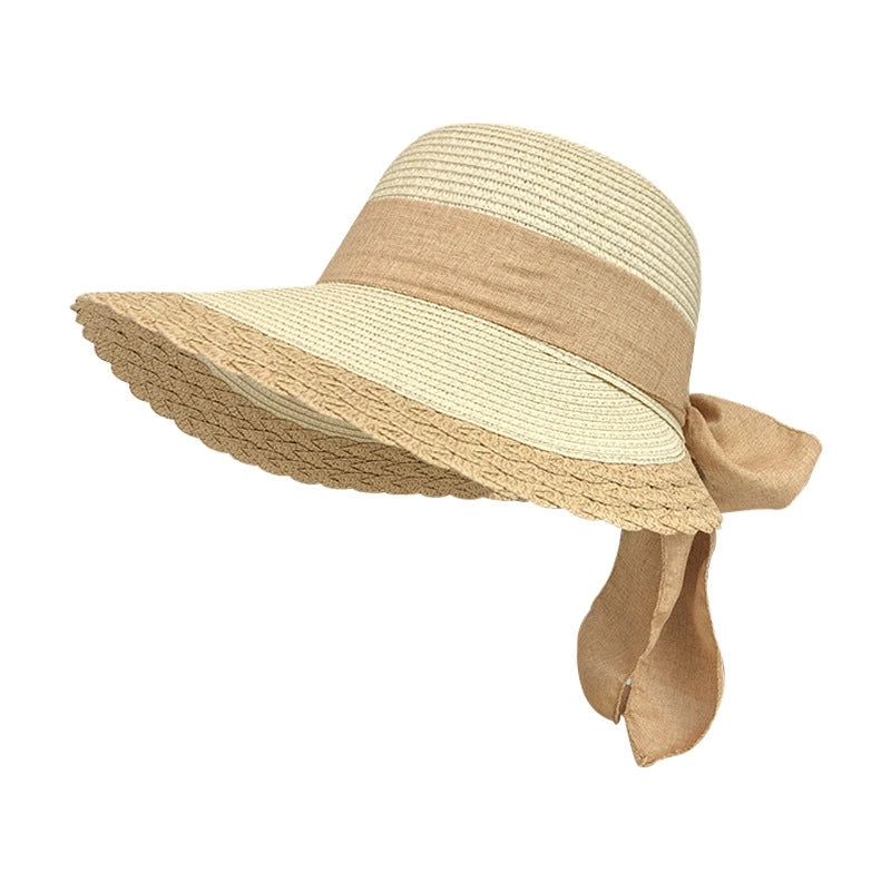Women's Minimalist Classic Style Color Block Bowknot Flat Eaves Straw Hat