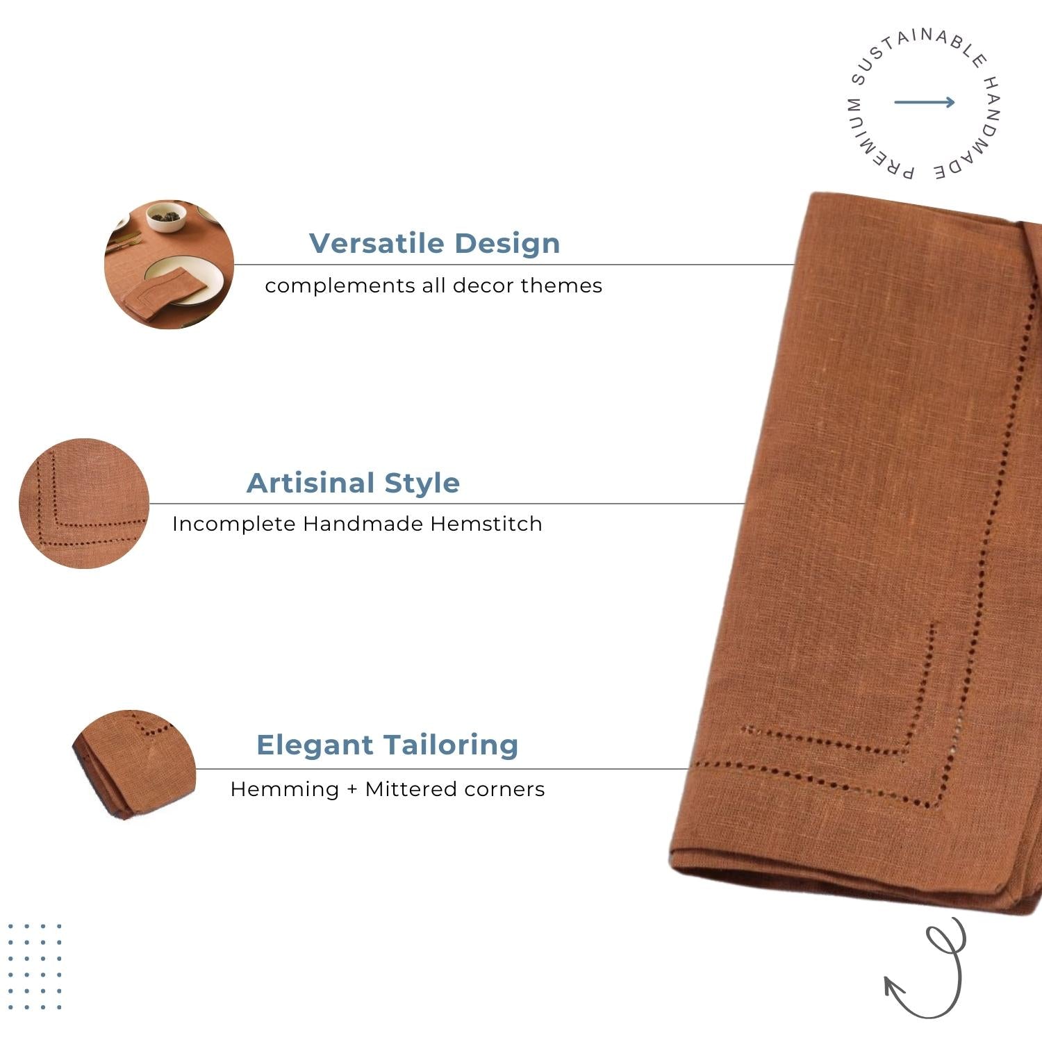 Rust 100% Linen Incomplete Hemstitch Napkins
