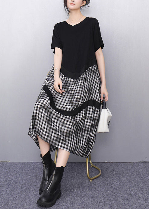 Grey Plaid Patchwork Cotton Vacation Dresses Summer