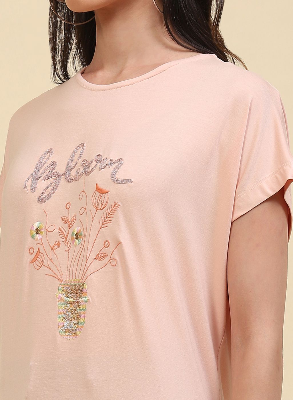 Women Peach Embroidered Top