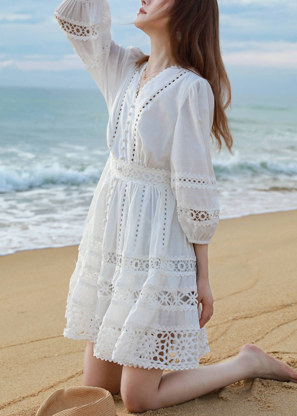 Art White V Neck Hollow Out Cotton Mid Dress Bracelet Sleeve