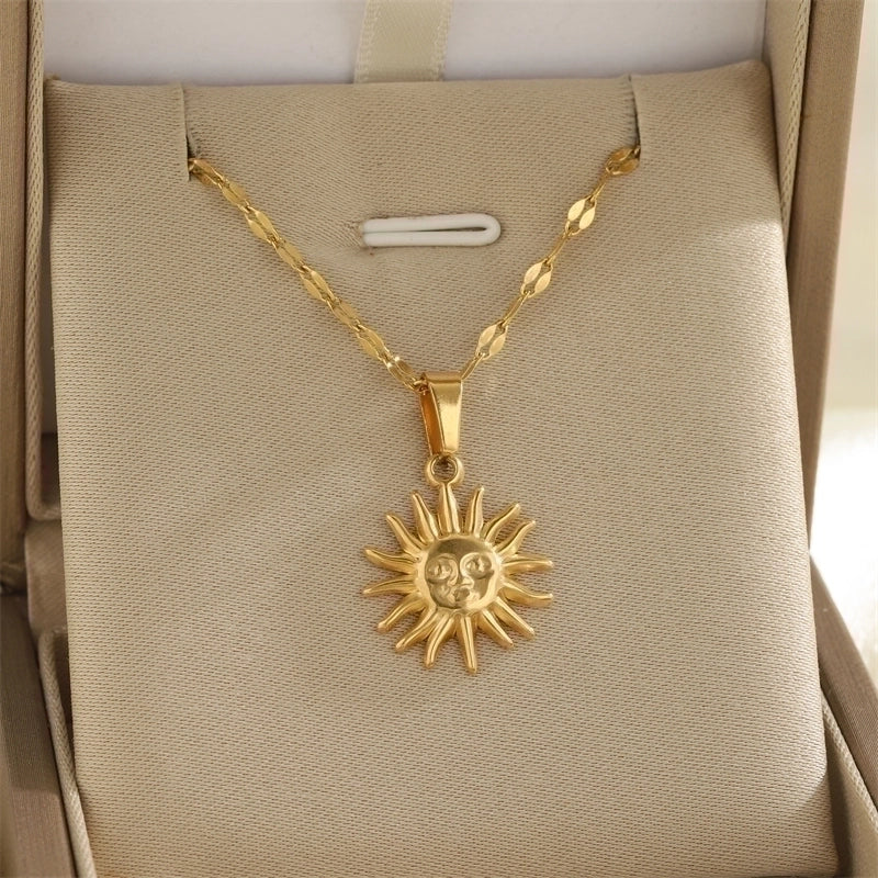 Minimalist Classic Style Sun Heart Shape Bow Knot 201 Stainless Steel 304 Stainless Steel Rhinestones Shell Zircon 18K Gold Plated Inlay Pendant Necklace