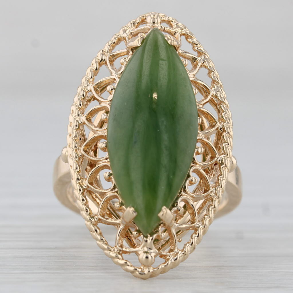 Green Nephrite Jade Navette Cabochon Ring 14k Yellow Gold Size 6.5